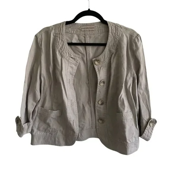 MARVIN RICHARDS Linen Button Front Cropped Jacket Blazer Tan M - Picture 2 of 8